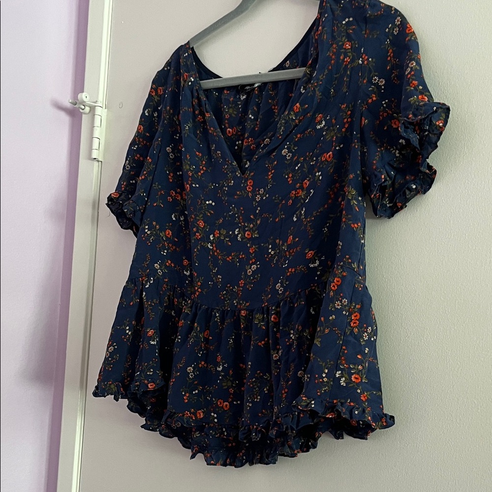 Madewell Navy Floral V-Neck Ruffle Peplum Top